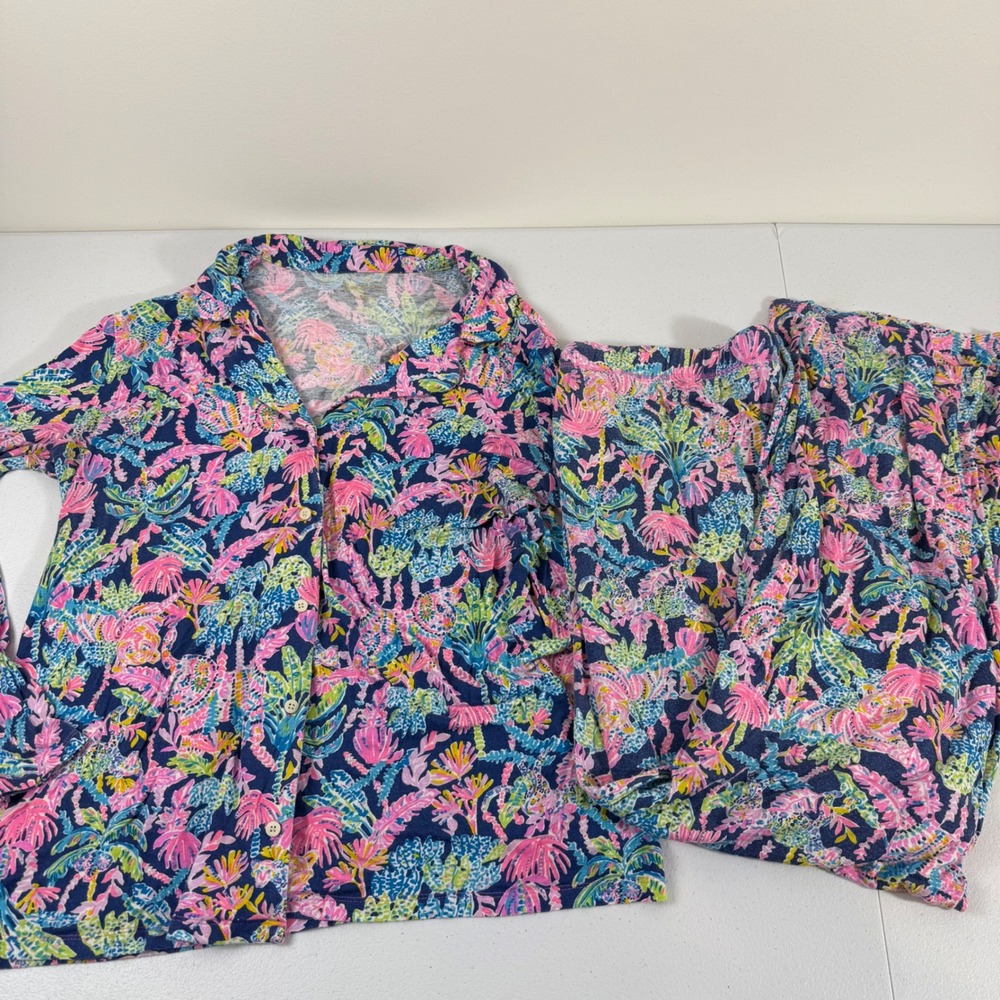 Lilly Pulitzer Pajama Set XL Pink Blue Tropical Jungle Knit Button Down Pants